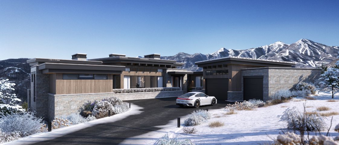 Rendering of Lark Place and motor court with the ski slopes behind