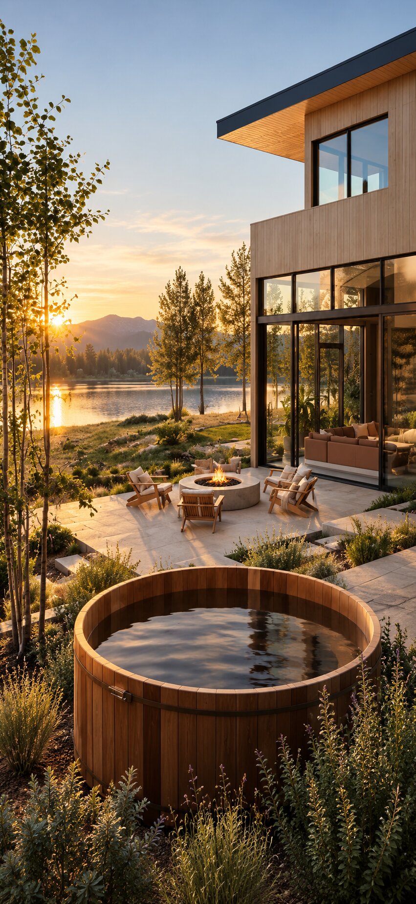 Circular soaking tub on a landscaped terrace beside a glass-fronted residence at sunset