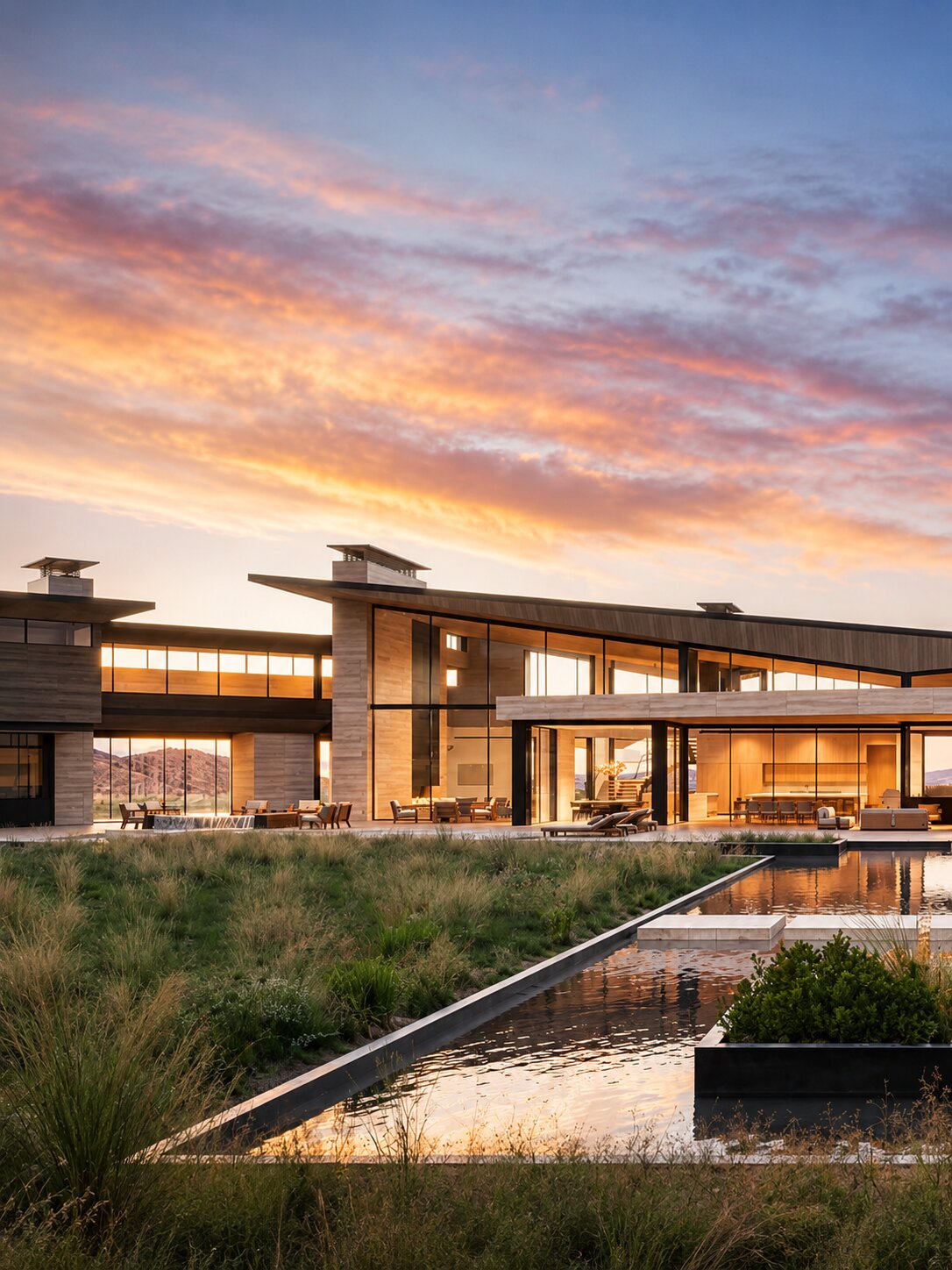 Modern glass-fronted residence and landscaped grounds beneath an evening sky