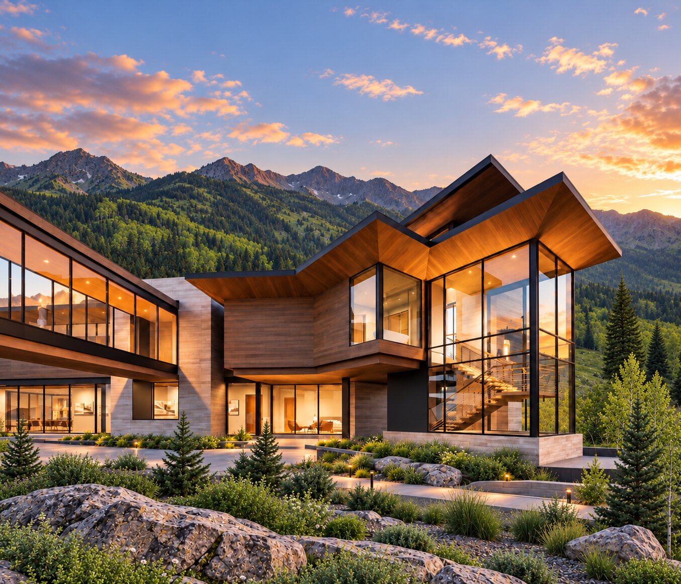 Warmly lit mountain residence beneath a colorful sunset