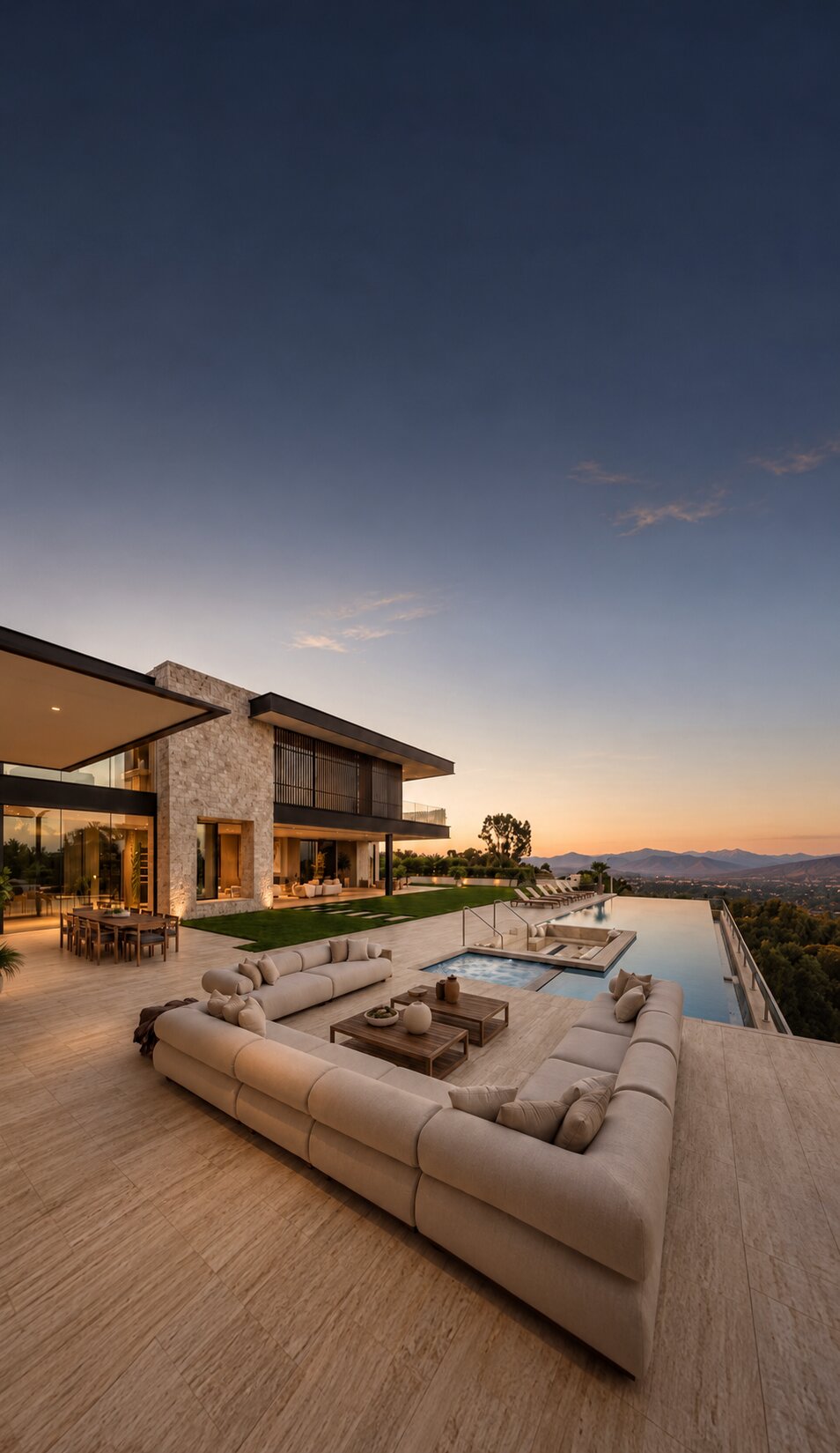 Outdoor lounge and fire pit on a terrace overlooking the horizon at sunset