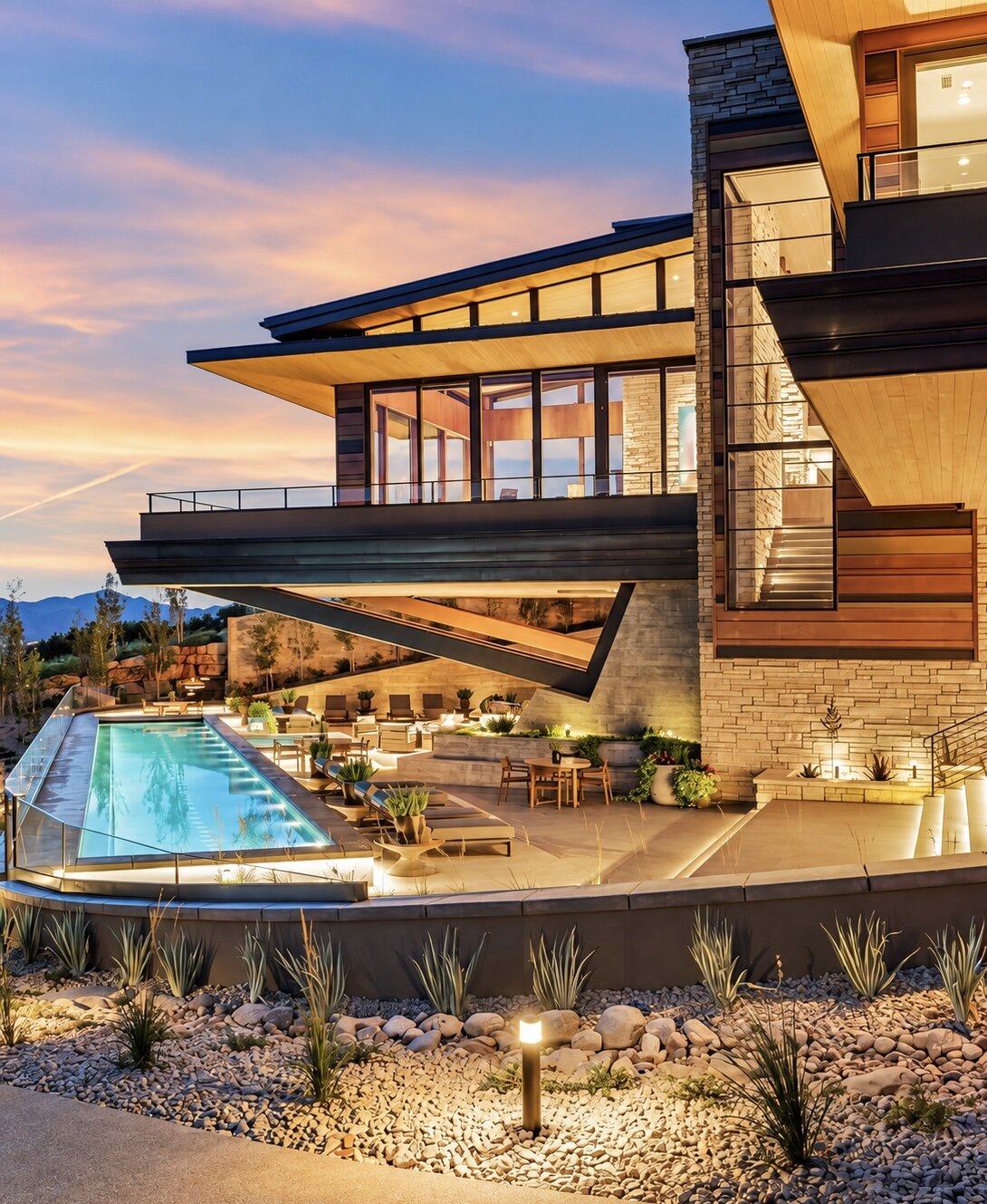 Cantilevered residence overlooking an illuminated pool and landscaped terrace at dusk